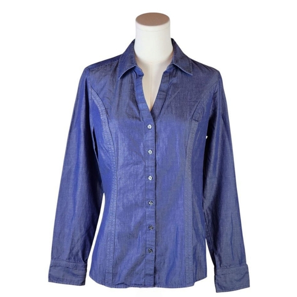 Express Essential Denim Blue Button Down Shirt 100% Cotton Long Sleeve - Picture 1 of 9